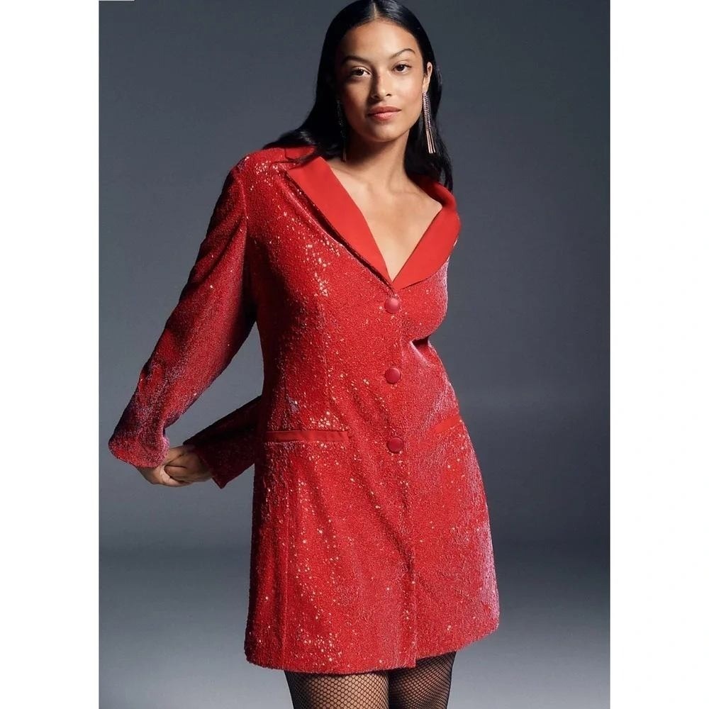 Maeve Anthropologie Red Sequin Long Sleeve Button Down Blazer Mini Dress Size 4